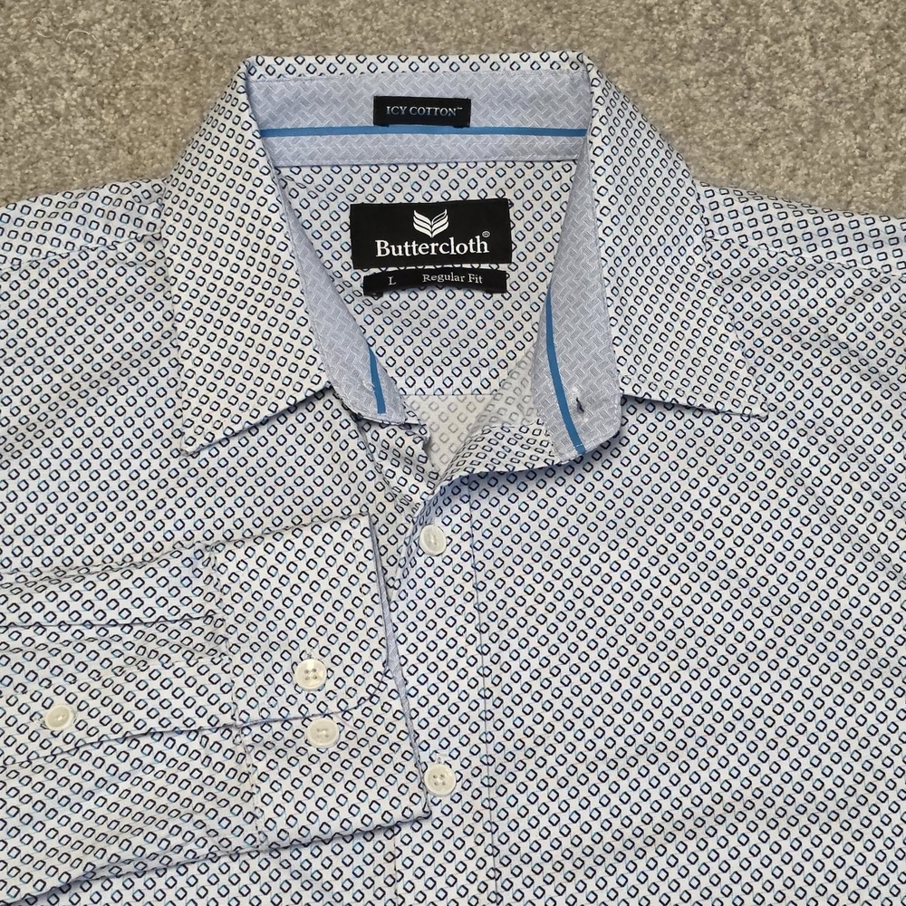 Buttercloth Icy Cotton Shirt Mens L Blue Geo Print Stretch Button Front